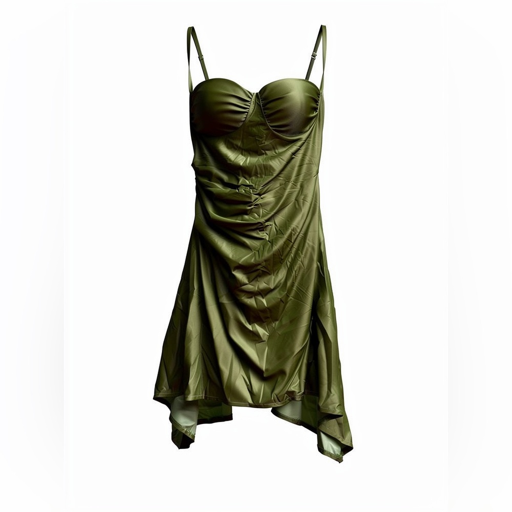 Satin Mini Dress Army Green Spaghetti Strap Ruched Sexy Club‎ Party Women's